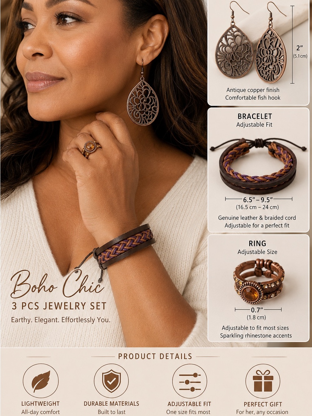 Boho Chic 3-Piece Women's Jewelry Set - Brown Copper Accents
